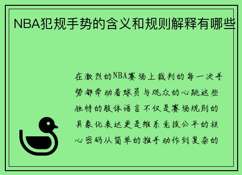 NBA犯规手势的含义和规则解释有哪些